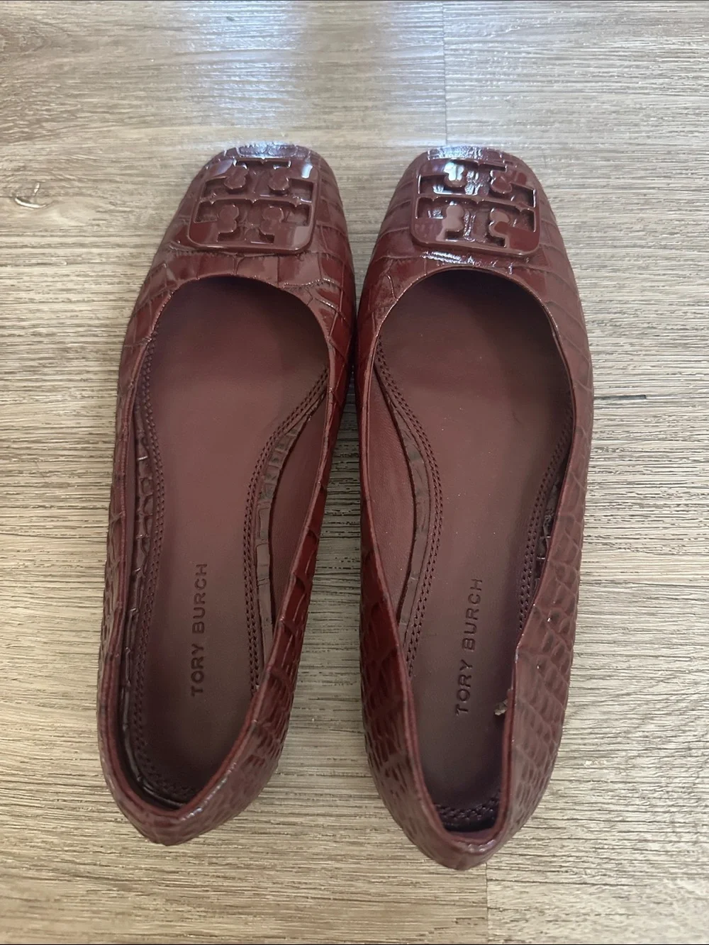 Tory Burch Deep Burgundy Croc-Embossed Leather Square-Toe Flats